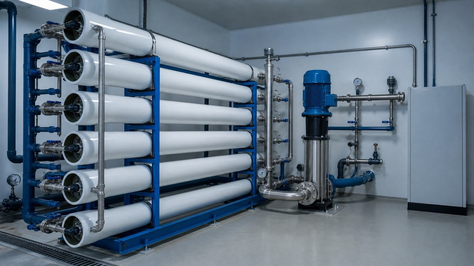 Interior of a drinking-water treatment plant with horizontal membrane pressure vessels and a high-pressure pump