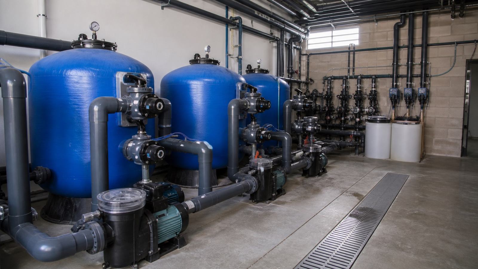 Swimming pool plant room with sand filter tanks, circulation pumps and dosing equipment
