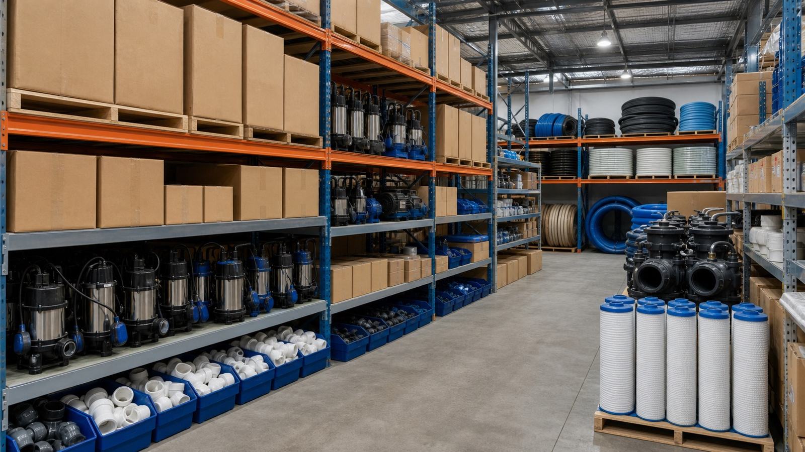 Racking of pumps, valves, fittings and filter stock in the MNAAM warehouse