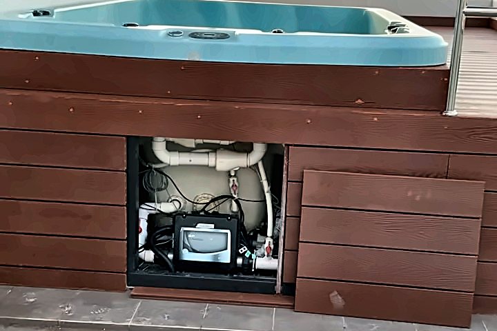 Access hatch under a spa deck showing the pump and pipework bay